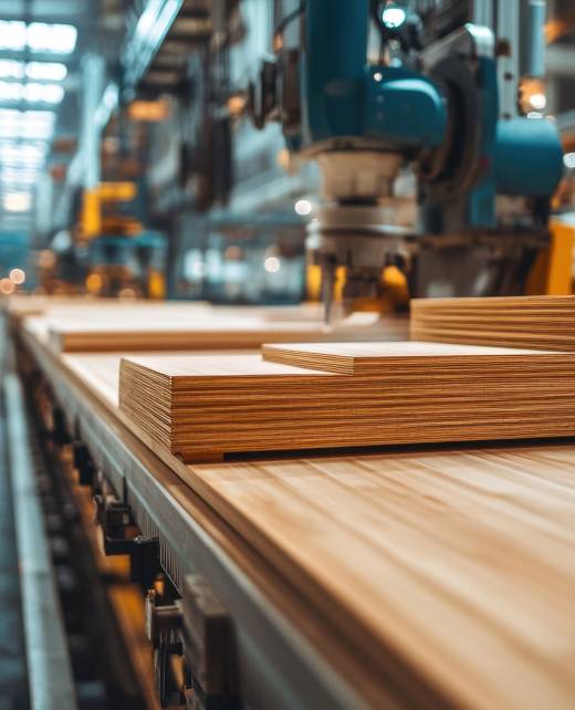 Macchinario per la lavorazione del legno in funzione con guide lineari e componenti per il taglio e la sagomatura